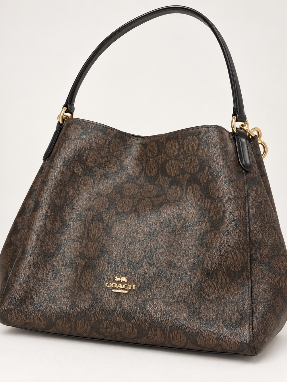 Coach Brown Signature Canvas Hobo Shoulder Bag with Black Handle